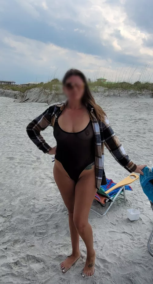 Gorgeous wife on public FL beach wearing her new Sherrylo swimsuit.