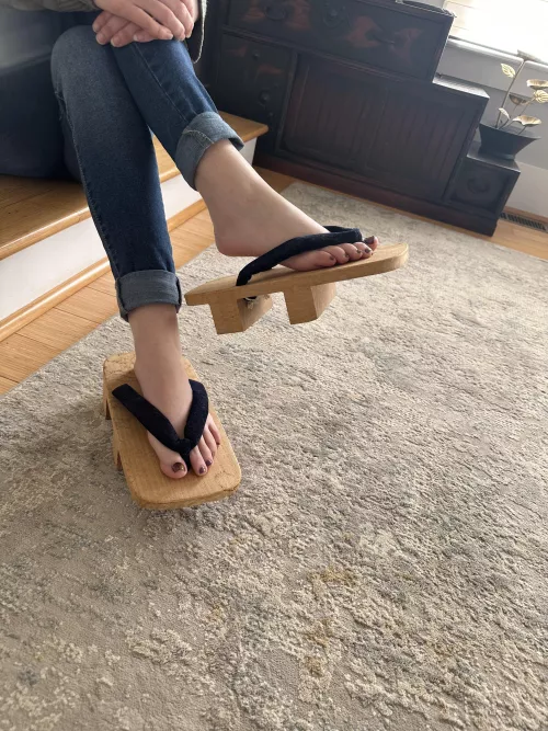 Trying out wooden clogs