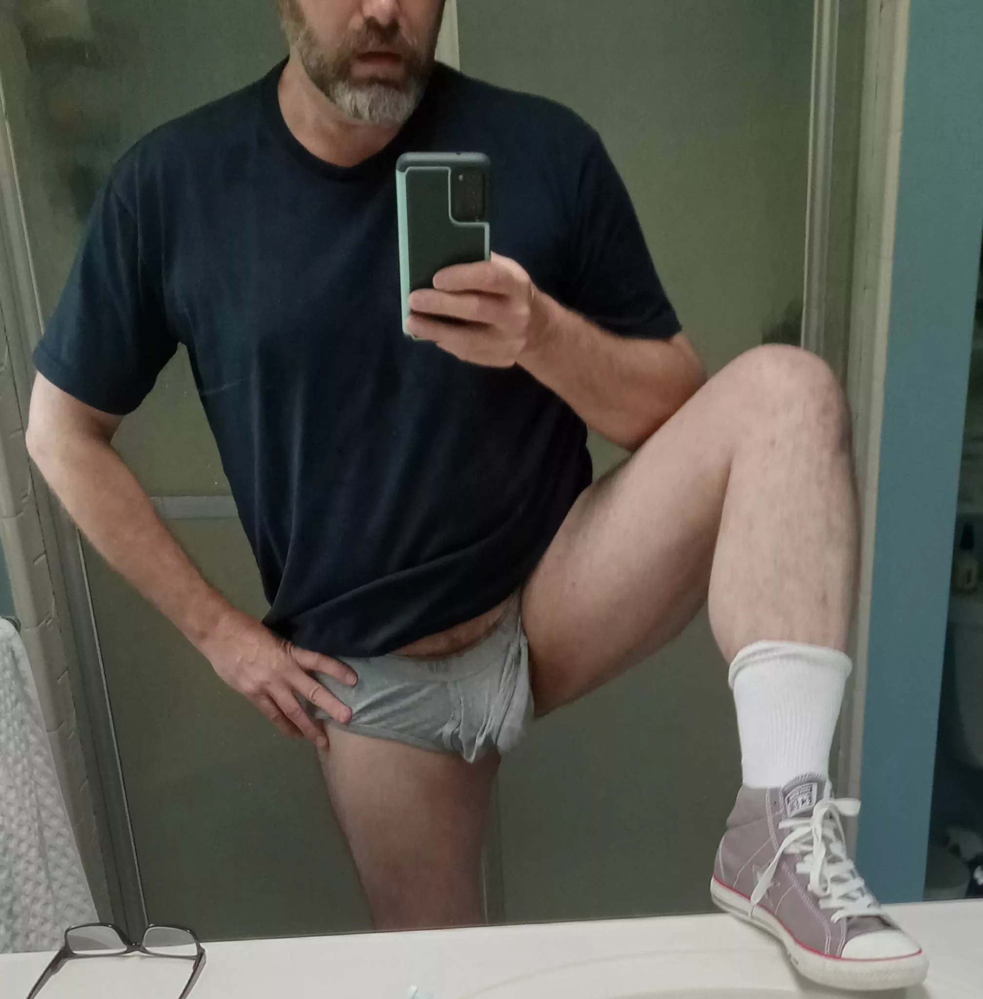 Dad in socks, sneakers, and Gap briefs.