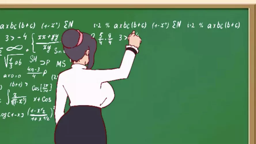 LF Color Source: teacher, tied hair, skirt, button shirt, facing away, big breasts, black hair