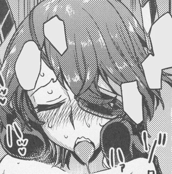 Lf Mono Source: 1girl, ahegao, blush, open mouth, sweat, drooling, black hair, hair between eyes, sfx, face, close up, short hair, closed eyes, eyepatch, upper teeth only, tongue out, blank speech bubble