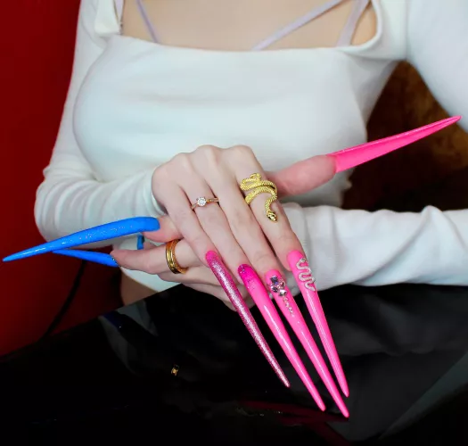 My new long nails with a design of a snake and shiny stones