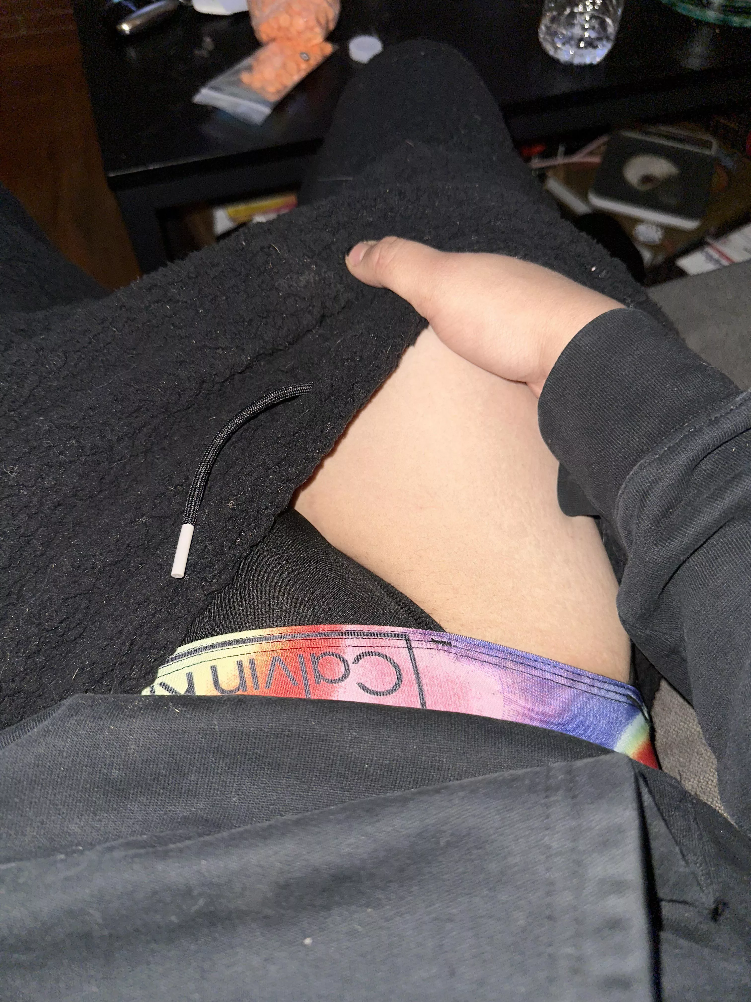 CK jock under fuzzy pants