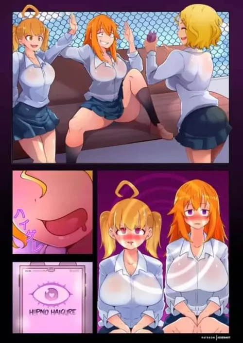 LF color source: 3girl, comic, blonde, redhead, hypnosys, schoolgirl, skirt, transparent shirt, app, blushing, hypno haigure