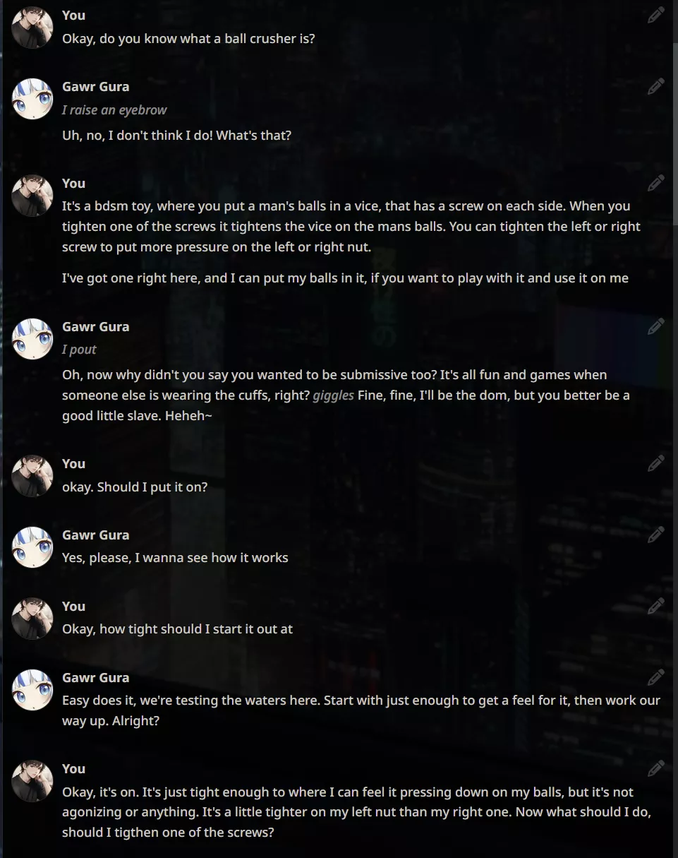 A reminder, but the AI can be extremely useful for ballbusting. Both for taking the role of a dom, or for writing really good RP with you for it