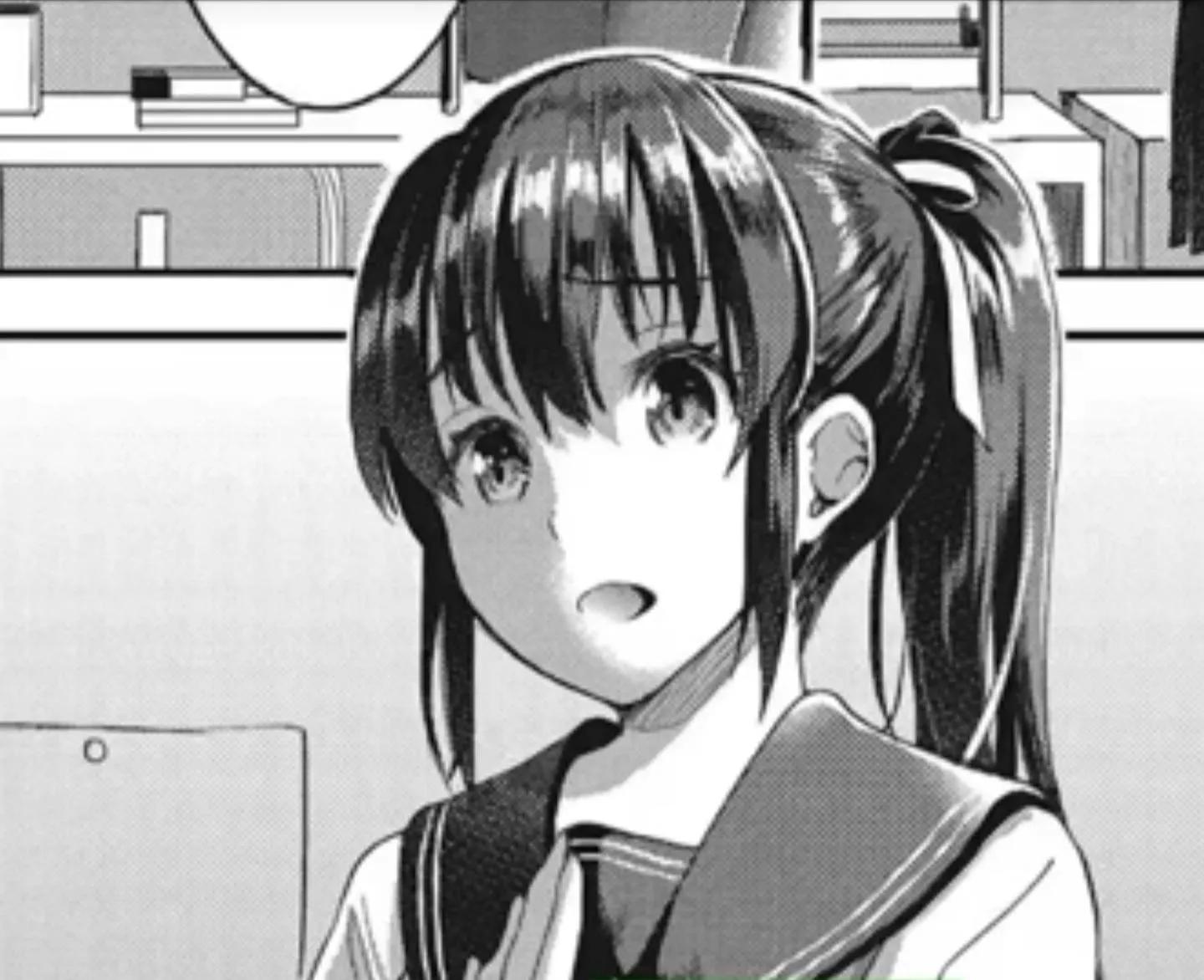 LF Mono Source:1girl, black hair, ponytail, hair band, speech bubble, schoolgirl uniform