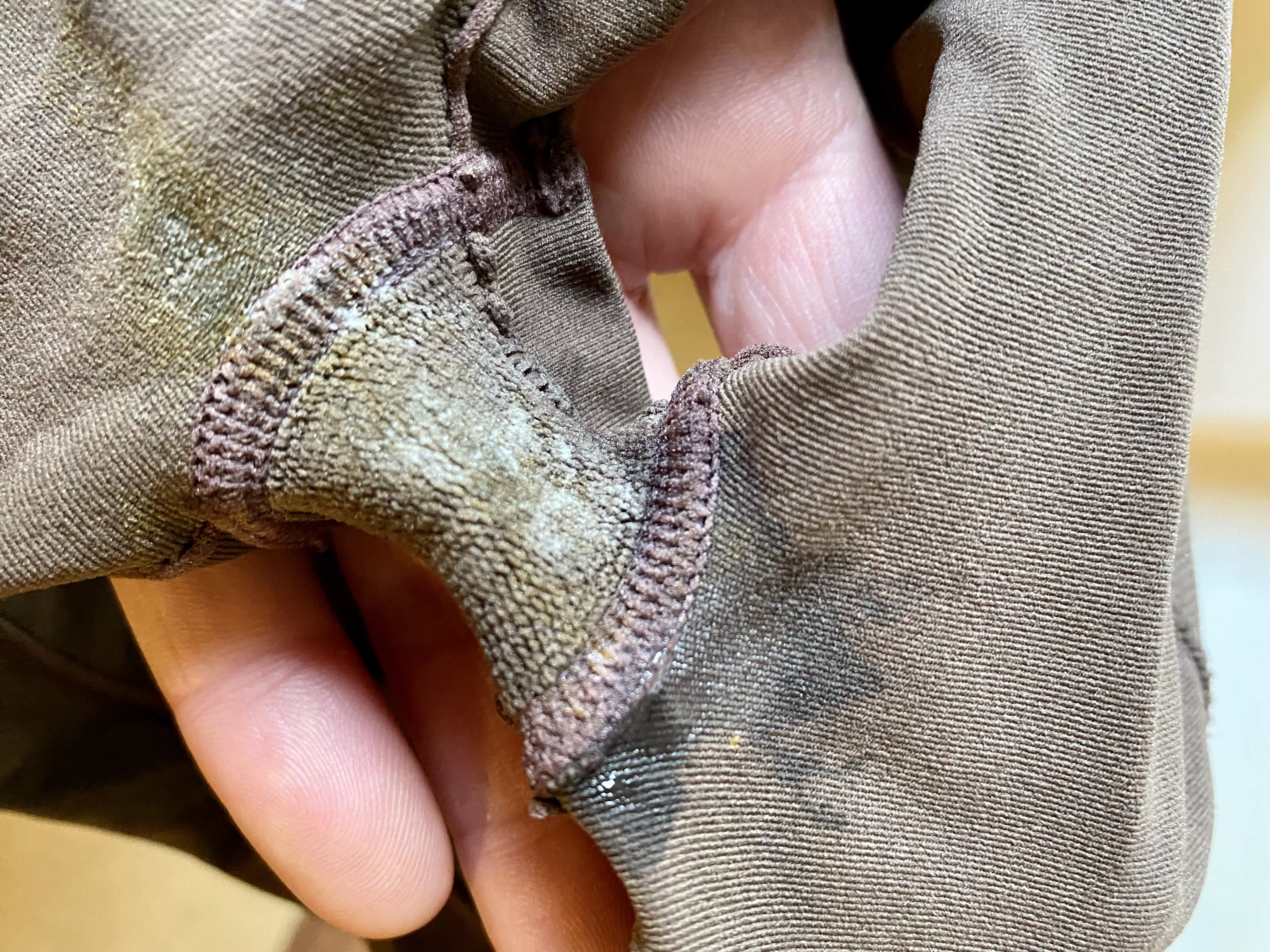 Another pair of my wife's panties. I took this photo seconds after she took them off. Wet and sticky and very tasty.