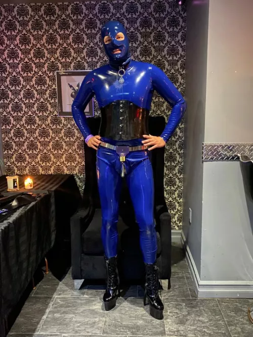 Latex catsuit, corset and hood. Locked in my chastity belt over the latex! Enjoy!
