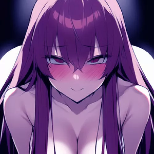 LF Color Source: 1girl, purple hair, purple eyes, looking at viewer, long hair, hair over breasts, naughty face, smile, flushed