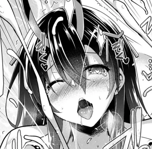Lf Mono Source: 1girl, long hair, black hair, hair between eyes, drooling, tongue out, upper teeth only, open mouth, blush, sfx, sweat, tears, heart shaped pupils, one eye closed, cum