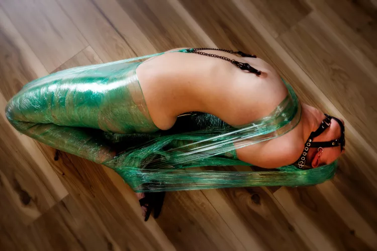 MelodyElle Saran Wrap hogtie nipple clamps and anal hook to head tie predicament