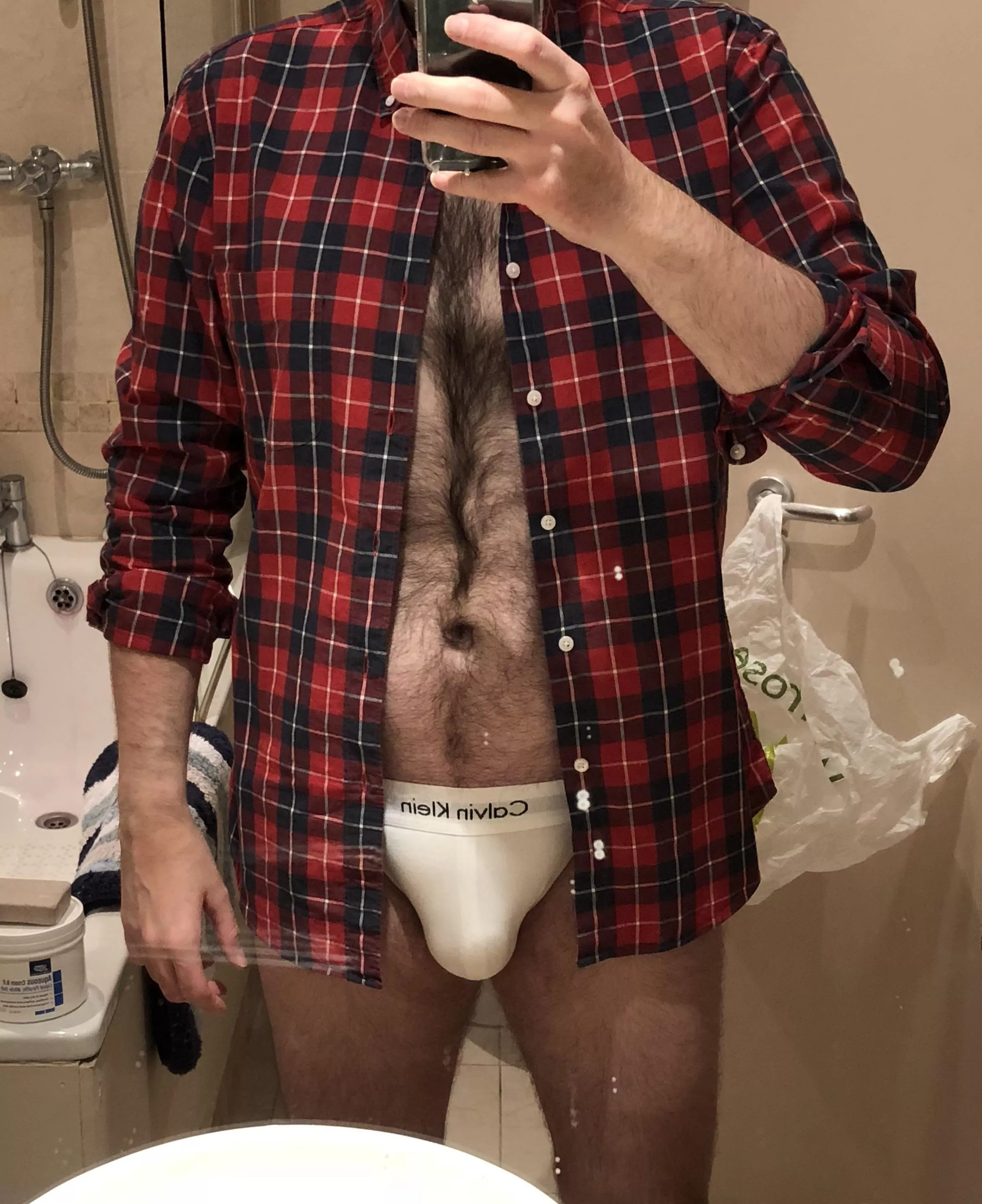 Today is probably the last day until September that I can get away with wearing plaid. It’s not a summer look. Teamed with a white CK jock.