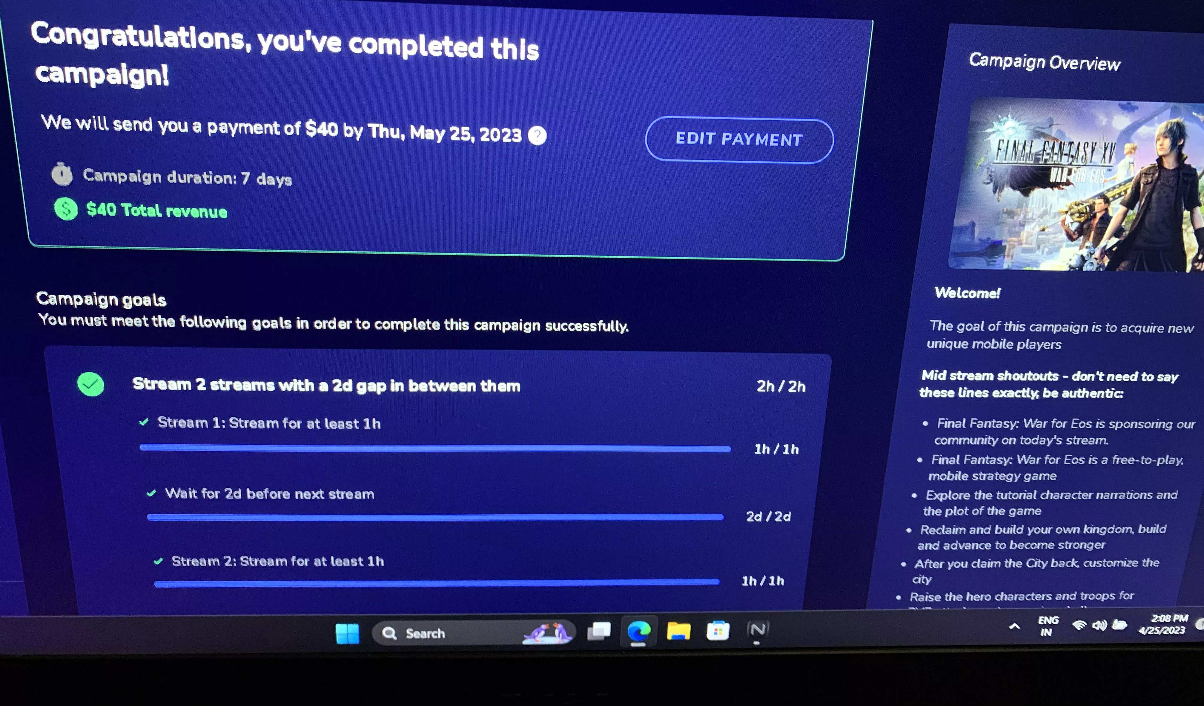 Completed my first Streamelement sponser not much from it but am happy