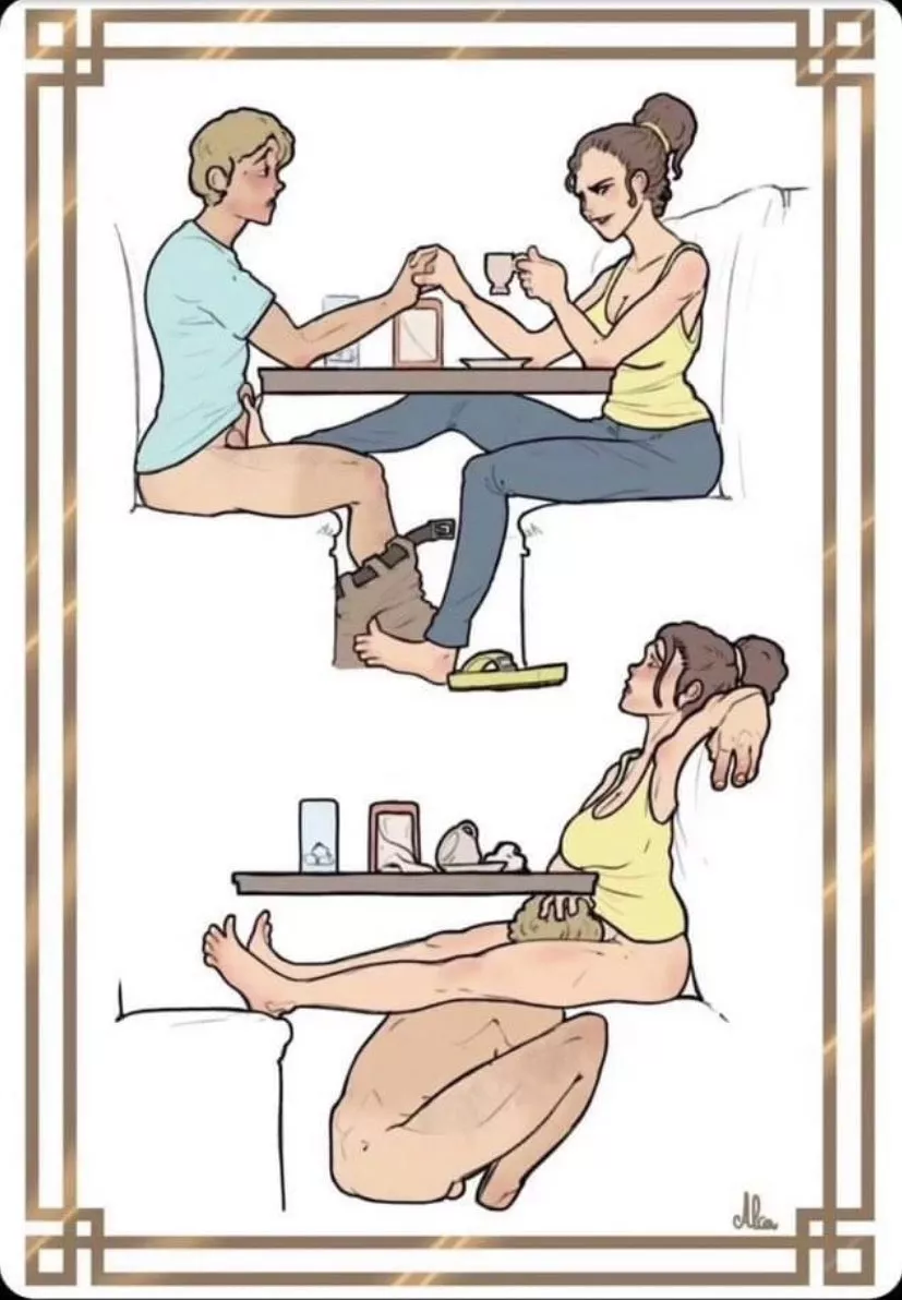 LF Color Source Artist: 1boy, 1girl, footjob, cunnilingus, public, under table