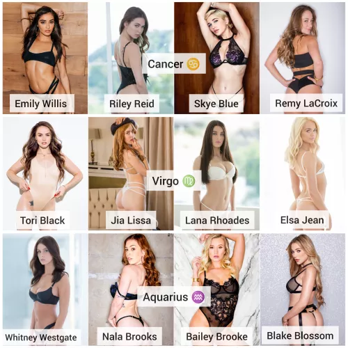 Zodiac Battles Final (Best of 3): Choose your favorite Zodiac sign for pornstars: [Cancer] ♋ vs [Virgo] ♍ vs [Aquarius] ♒ Bonus: Pick 1 favorite Pornstar from each group.