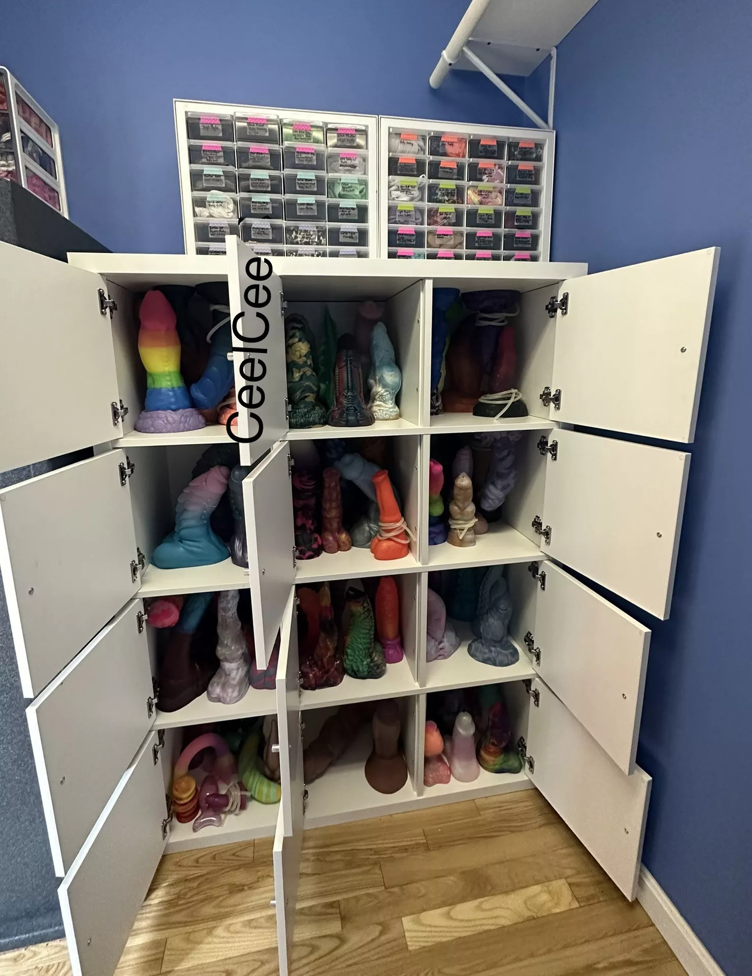 I moved and first thing I did was FINALLY organize my dongs! No longer haphazardly thrown into bins! 💕 There’s a variety of makers shown here.