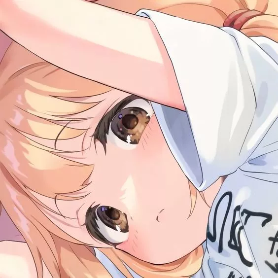 LF Color source: 1girl, futaba anzu, tied hair, short hair, blonde hair, brown eyes, white shirt, short sleeve shirt, foreign text on shirt, looking down, hands up, face, close up, sidelocks, blush, closed mouth, bangs, brown eyebrow