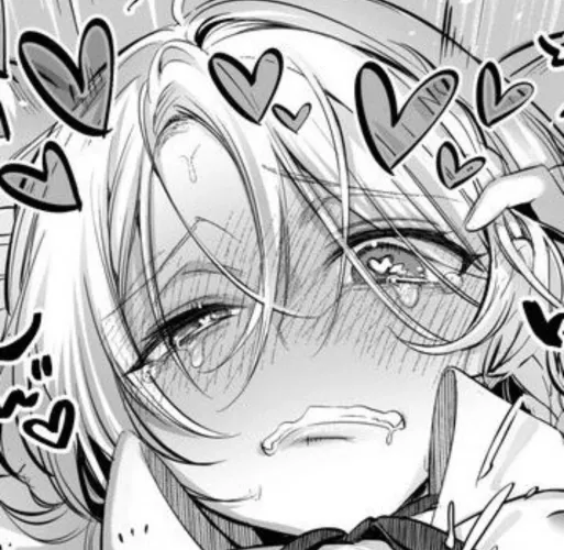 Lf mono source: heart in eye, eyes half closed, hair in between eyes, 1girl, vfx, lips parted, teeth, tears, shirt collar, sweat