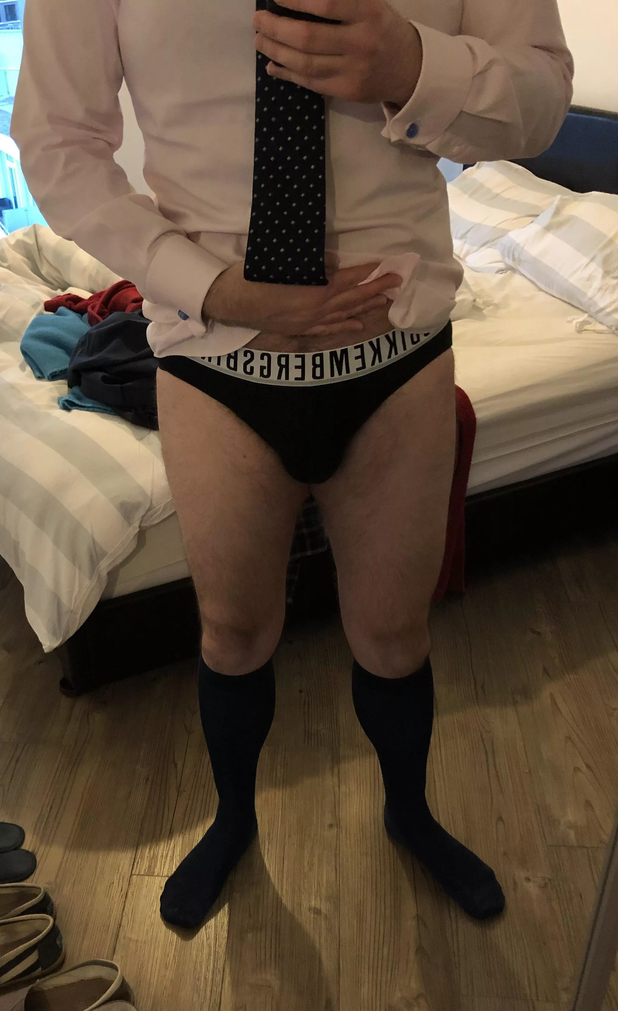 After three days in Switzerland with work, last night I slept in my own bed again. Back to the office, and keeping things European with briefs from Bikkembergs and OTC socks (42)