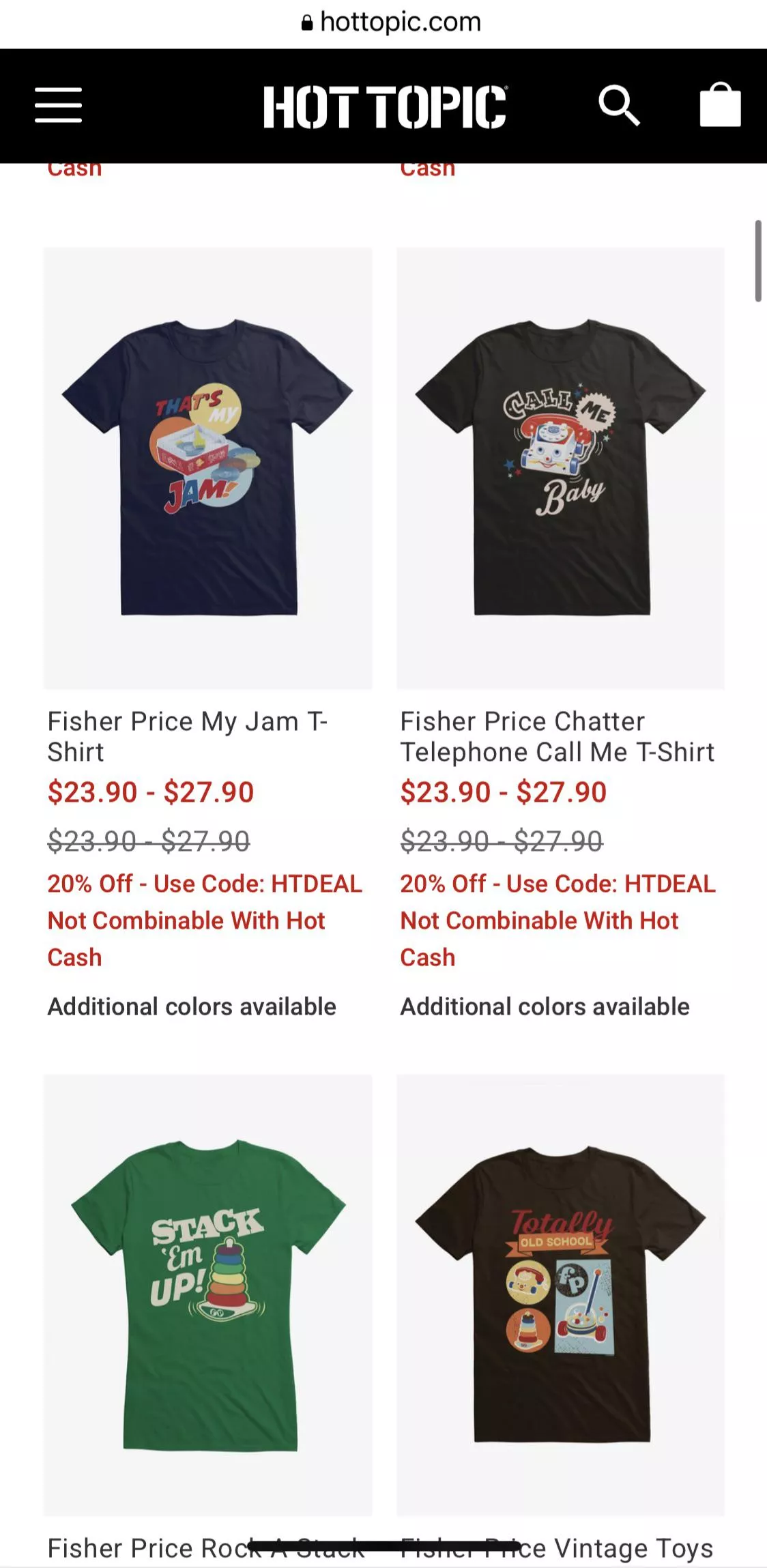 Fisher price shirts on hot topic and Amazon.com