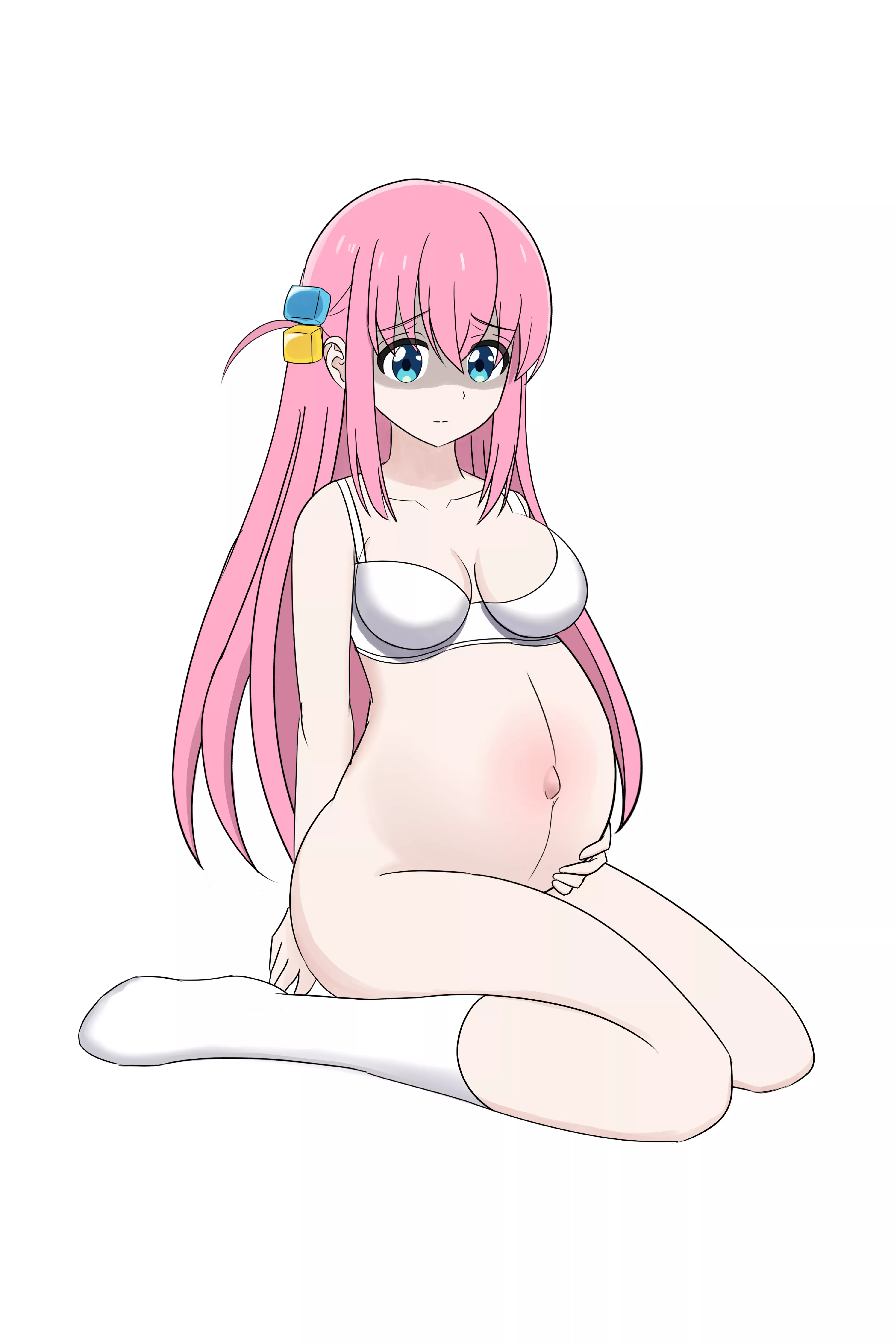 Watching her baby bump curiously