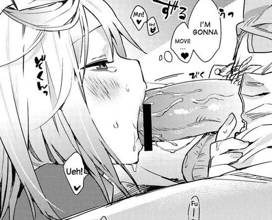 Lf Mono Source: 1girl, 1boy, long hair, hair between eyes, half closed eyes, sweat, blush, tears, sfx, erection, penis, fellatio, pubic hair, saliva on penis, 