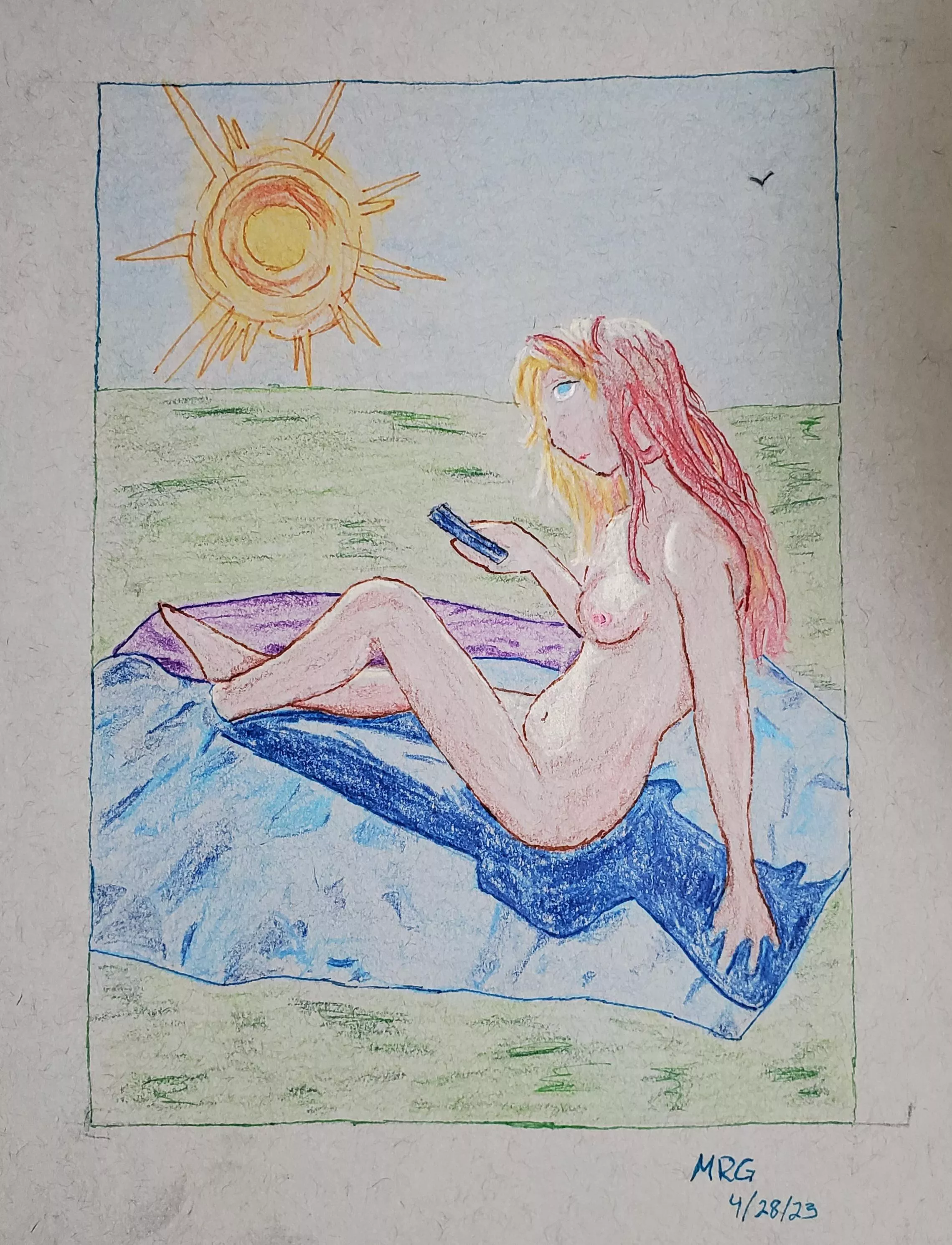 Ex boss's daughter sunbathing, by me, colored pencils/micropens, on grey toned paper