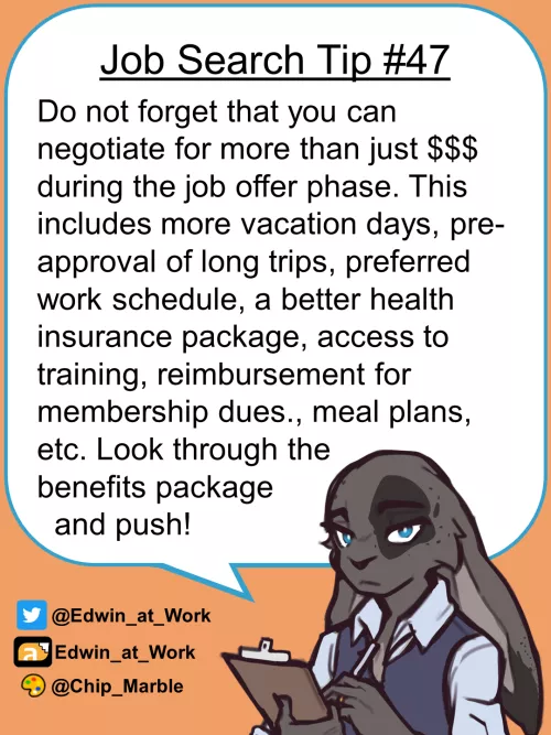 Job Search Tip 47: Negotiating for benefits/perks. Edwin@Work, Job Coaching for Furries