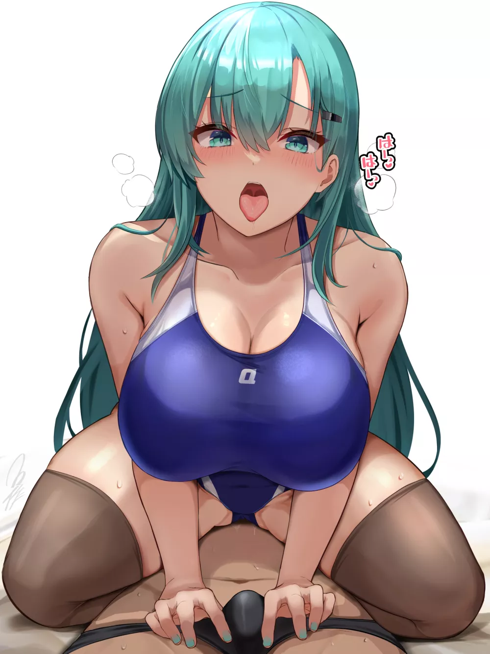 Helping Suzuya stretch in her swimsuit