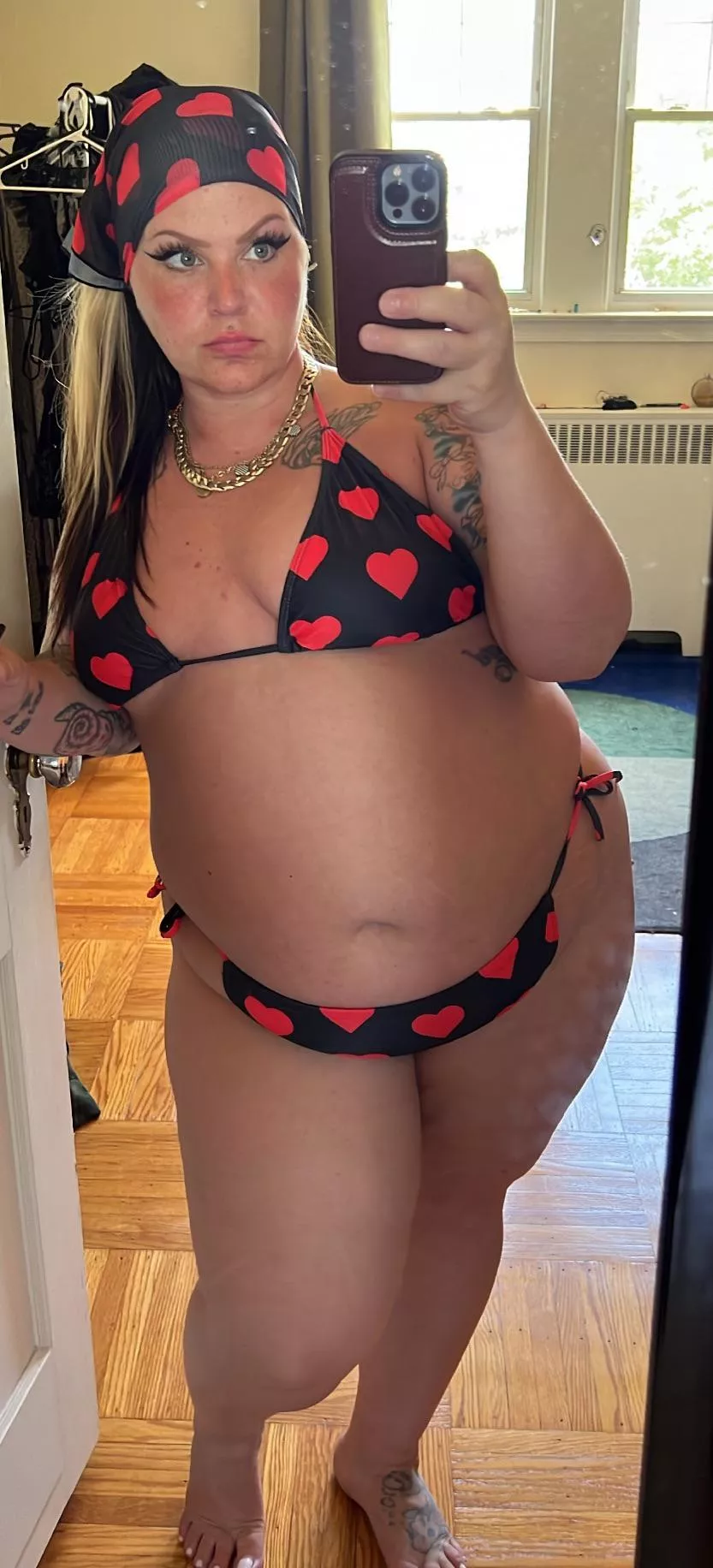 Short and chubby, with a tiny heart bikini ❤️