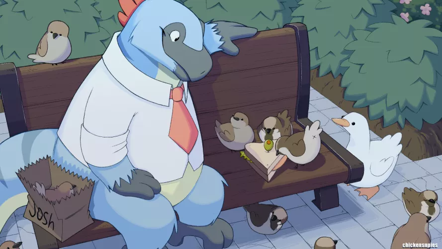 Sometimes, birbs are easier to befriend than human coworkers... (art by me, @chickensnpies1 on Twitter!)