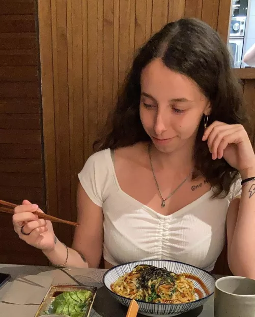 Good looking gal, good looking food, good looking bra lines