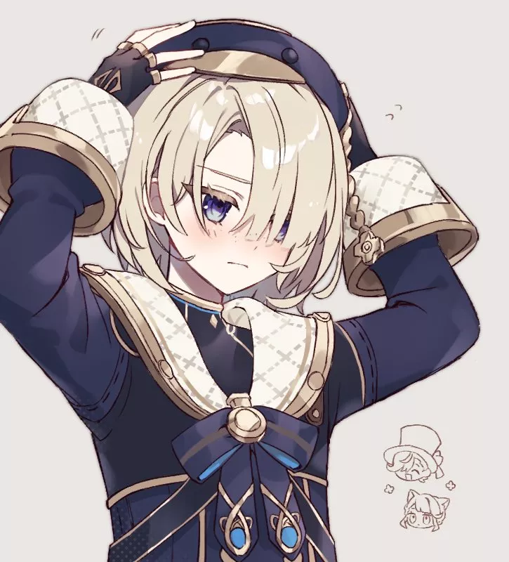 He's cute even fixing is hat