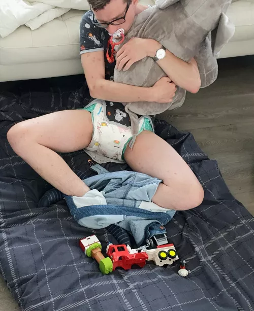 I forgot to go potty while playing with my toys, good thing I had a diaper on!