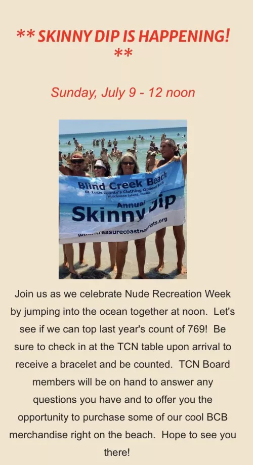 Sunday, July 9 - 12 noon - Annual Skinny Dip at BCB