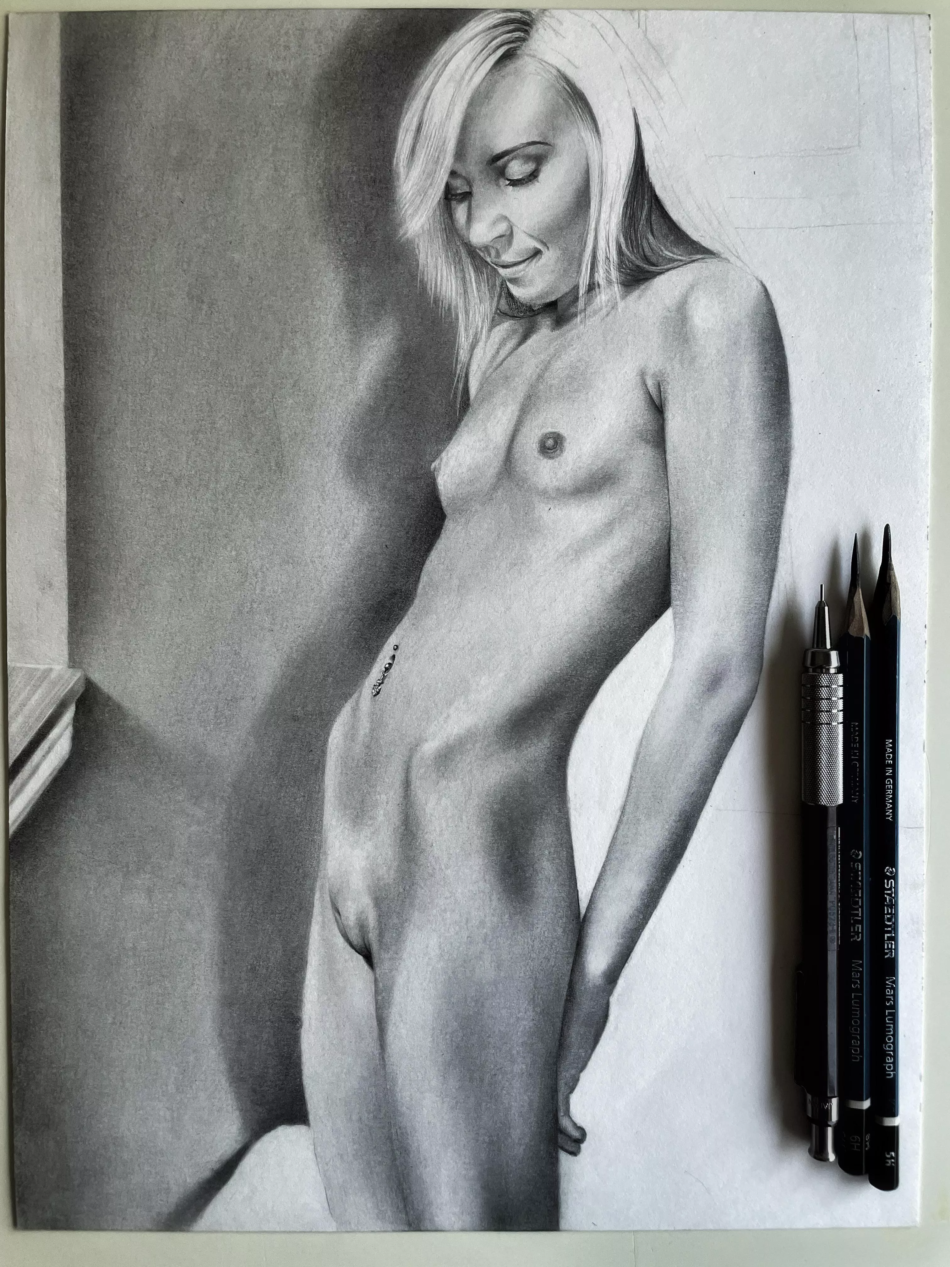 Work in progress 9in x 12in graphite figure drawing - almost done!