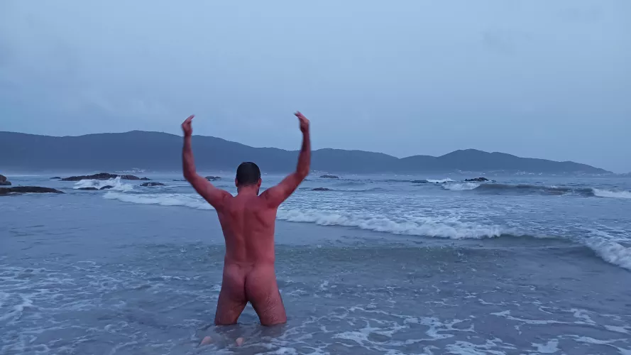 Cloudy beach day nude body bathing