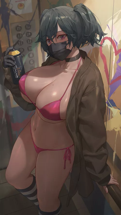 Thicc Girl Spray Painting in BIKINI [Artist's Original] (art by YOHAN1754)