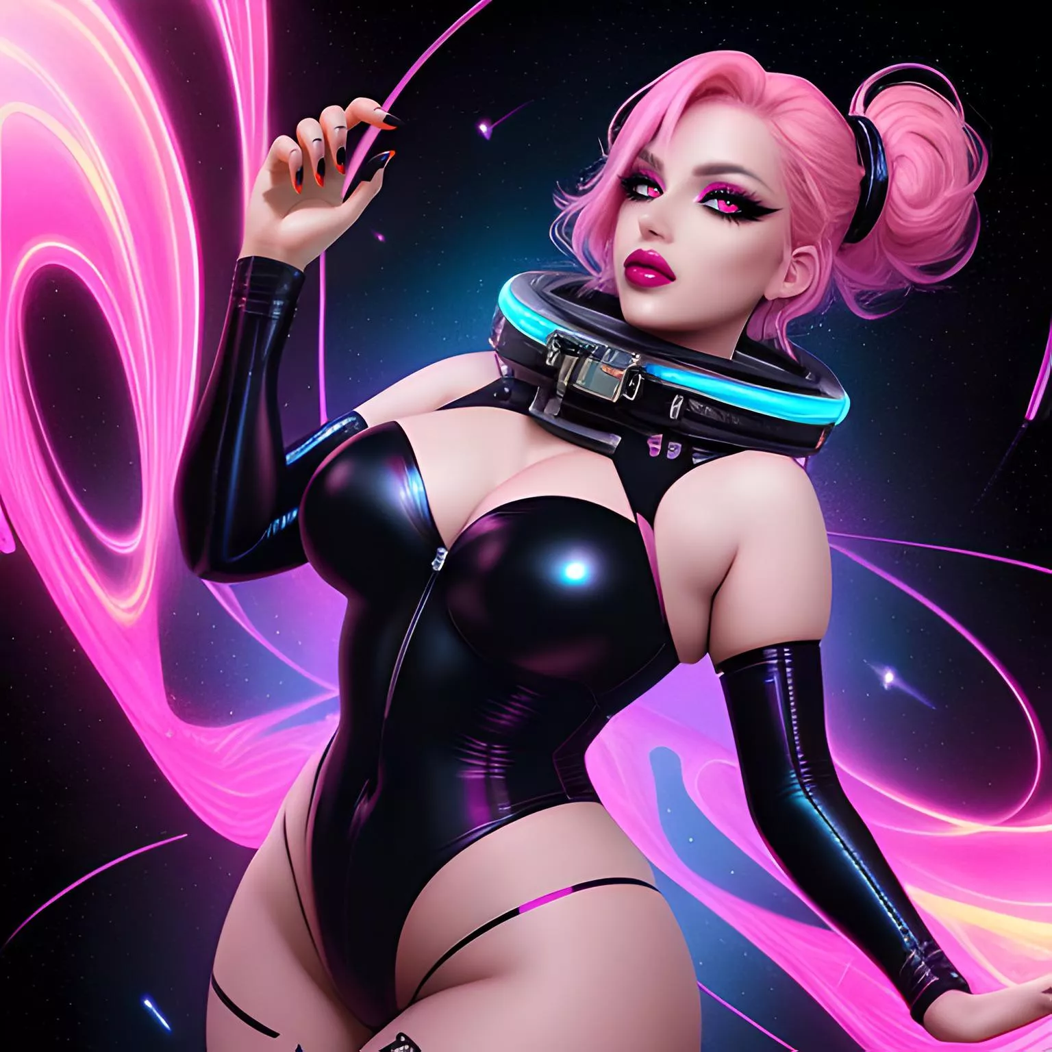 Busty, pink haired sci fi lady (Stable diffusion, Dreamshaper)