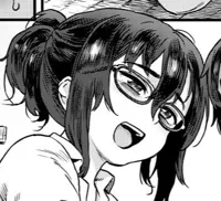 LF Mono Source: 1girl (perhaps 2), glasses, shirt, short hair, dark hair, bangs, messy hair, ponytail, hair bun