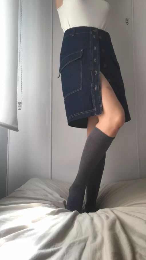 Take my socks off. Pull my skirt up. And...