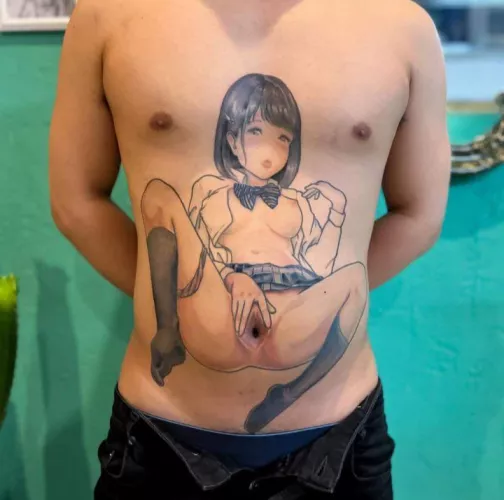 LF Color Source, real. reality, 1girl, 1boy, black hair, short-hair, white hairclip, brown eyes, blue-white striped ribbon, blue skirt, black, knee-high black socks, tattoo, blue-white striped panties, tattoo, body-tattoo, meme, full-sleeves, bangs, open