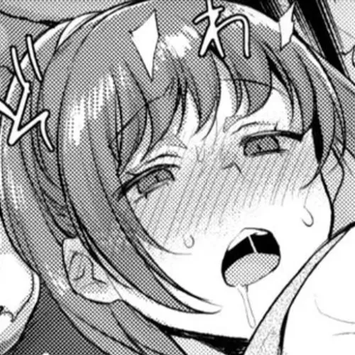 Lf Mono Source: 1girl, ponytail, hair between eyes, sweat, drooling, sfx, open mouth, blush, upper teeth only, ahegao