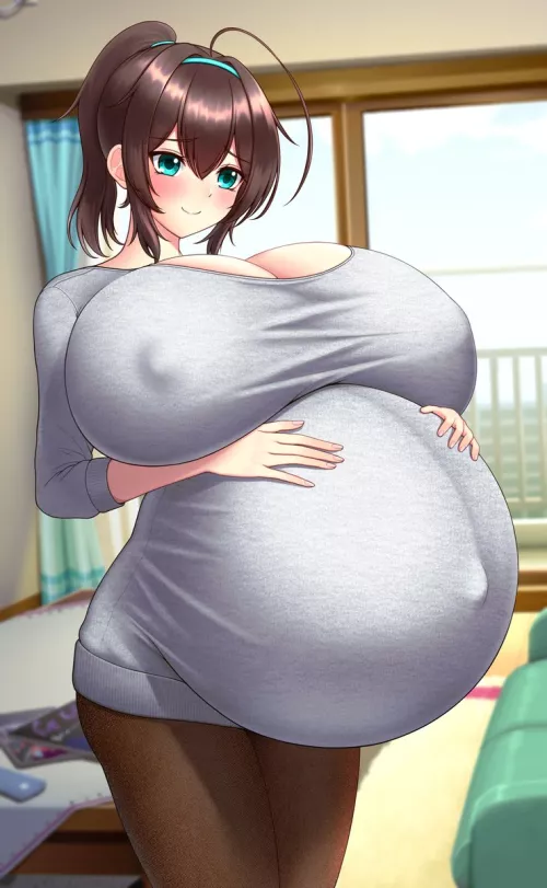 Mikaze lovingly holding her plump belly (@boubouharanyu)