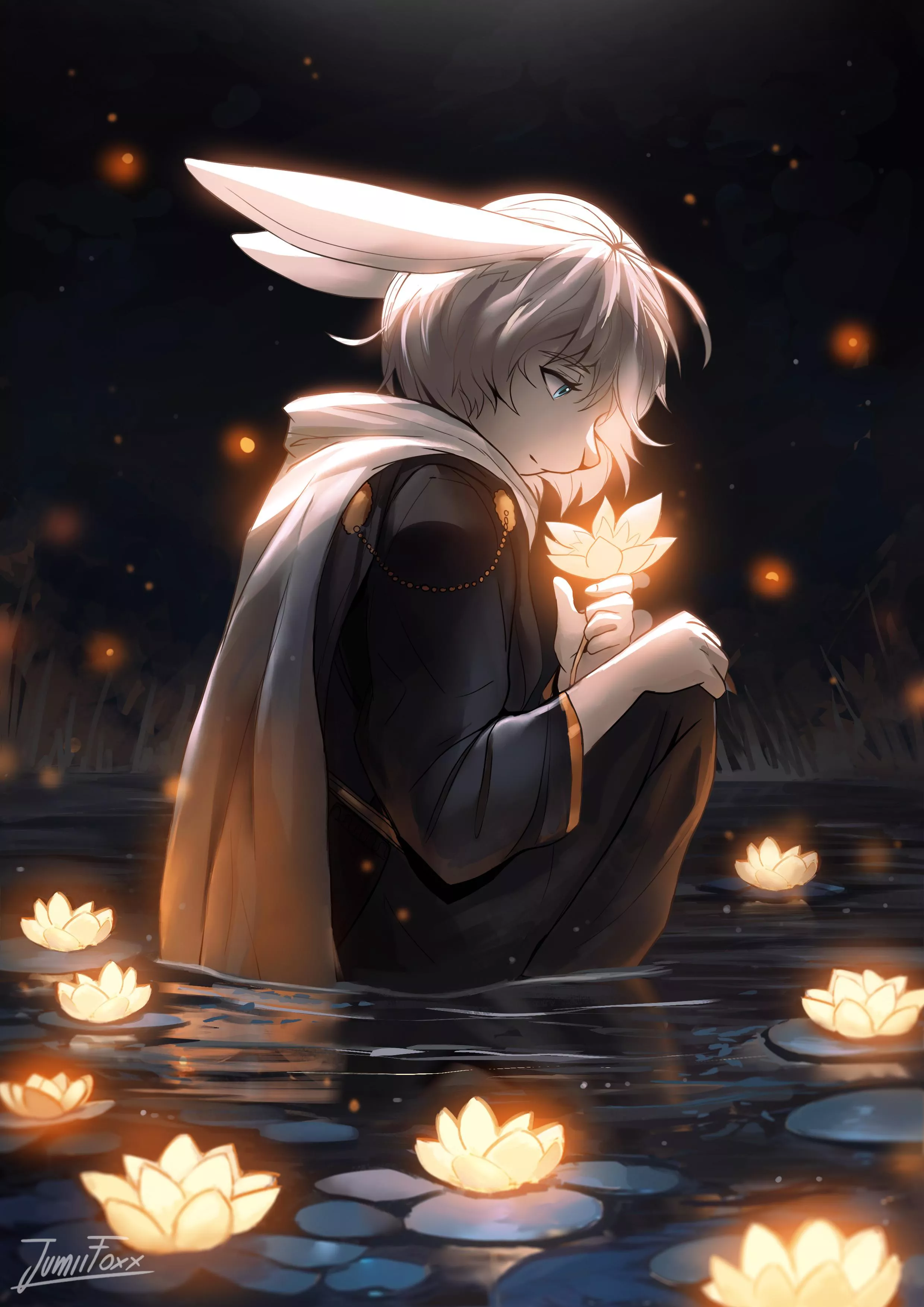 (Art by me) Second time drawing rabbits! This one was a commission, I hope you like it 🪷 (more art on my Twitter @JumiiFoxx) 🦊