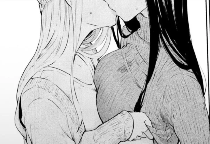 LF Mono Source: 2girls, asymmetrical docking, black hair, crown braid, french kiss/tongue kiss, from side, hair over shoulder, head out of frame, large breasts, long hair, ribbed sweater, sidelocks, sweat, sweatdrop, sweater lift, turtleneck, turtleneck