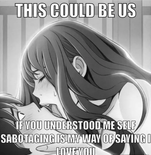 LF Mono Source: meme, 1girl, 1boy, licking mouth, holding face, eyes closed, blushing, long hair,