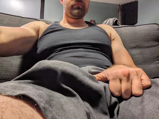 Lounging around in my gym shorts.