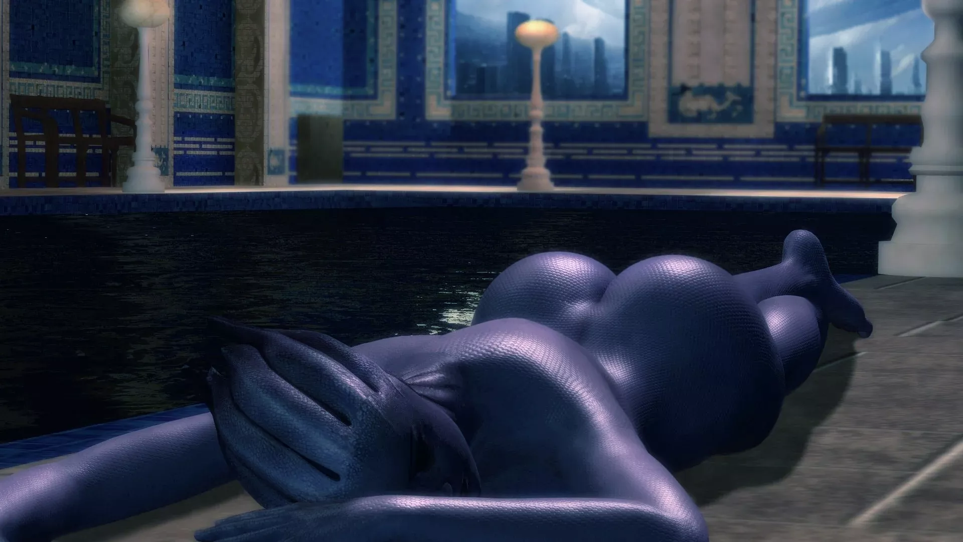Liara enjoying the human concept called a roman bath house.