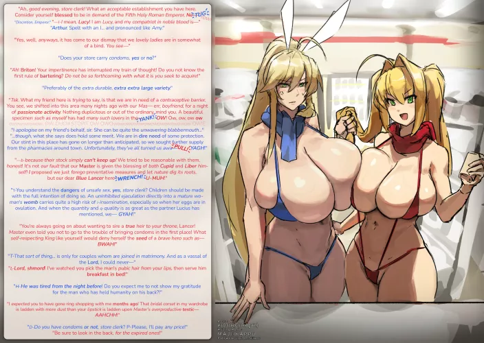 Lancer and Caster go Shopping [artist: EU03] [Artoria Lancer] [Nero Claudius (Swimsuit Caster)] [Buying Condoms] [Exhibitionism]